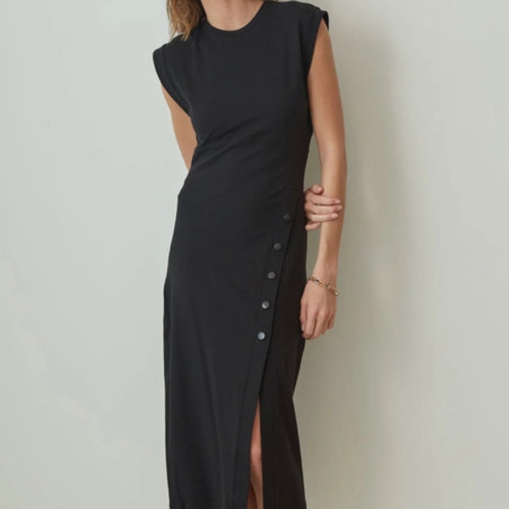Chiara Deep Black Sleeveless Button-Trim Midi Dress